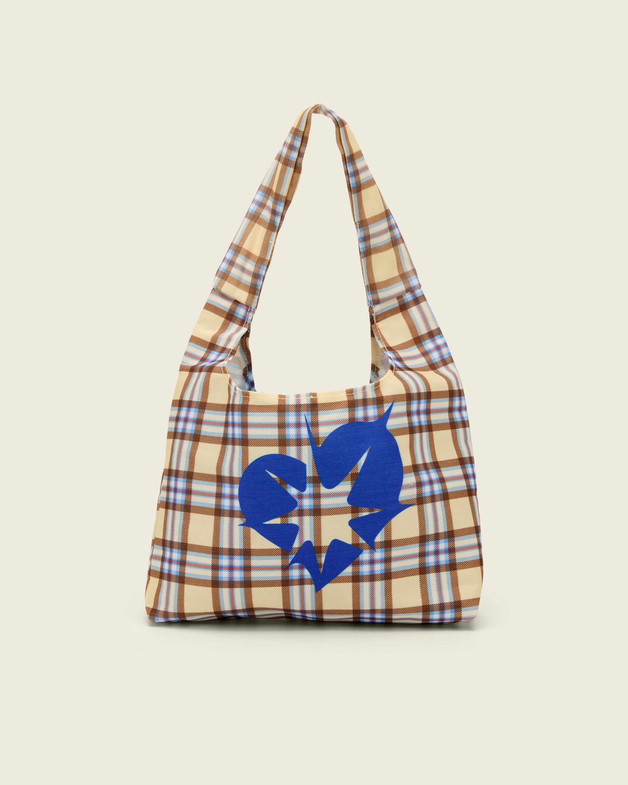 Bonnie Clydeยฎ plaid tote bag with blue heart design on a beige background